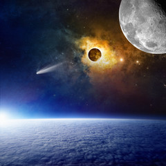 Wall Mural - planet earth, bright comet, glowing nebula and moon in space