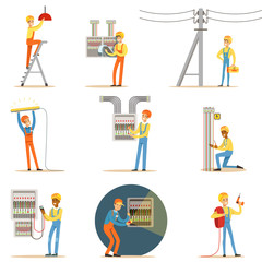 Sticker - Electrician In Uniform And Hard Hat Working With Electric Cables And Wires, Fixing Electricity Problems Indoors And Outdoors Set Of Illustrations