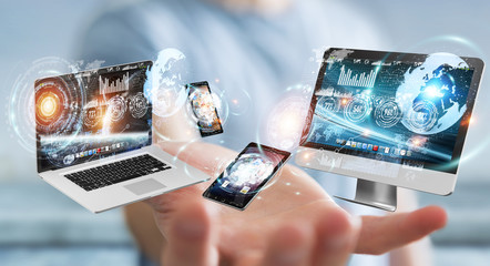 Aufkleber - Businessman connecting tech devices to each other 3D rendering