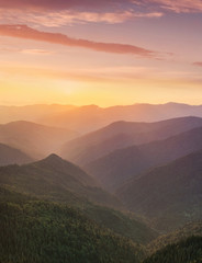 Wall Mural - Hills lines in mountain valley during sunset. Natural summer mountain landscape..