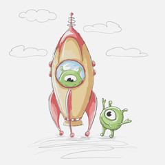 Wall Mural - cute alien sits in the rocket and blast off