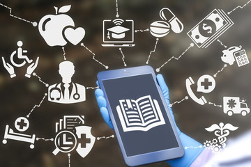 Education medicine concept. Doctor holds tablet computer with open book icon on virtual medical screen. Healthcare learning and study technology. Healthy online internet training