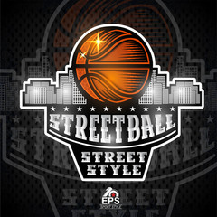 Wall Mural - Bsketball ball with city behind. Sport logo for any streetball team or competition