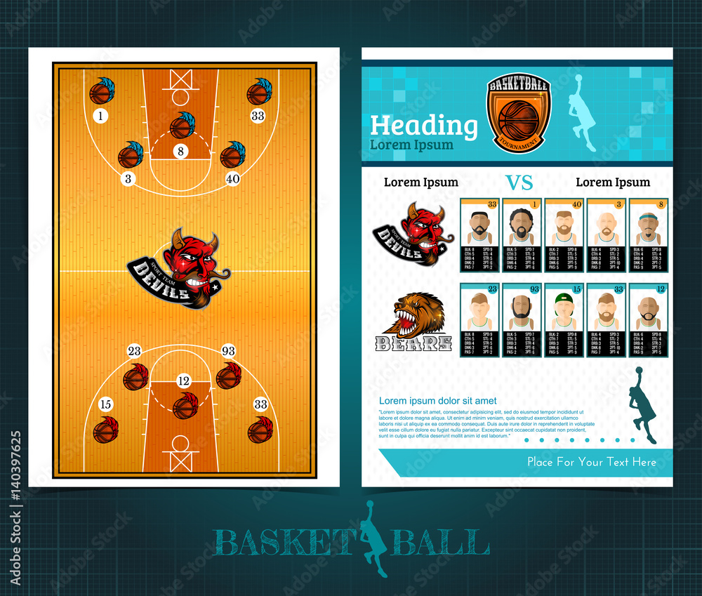 Two sided basketball brochure or flyer, template design with field ...