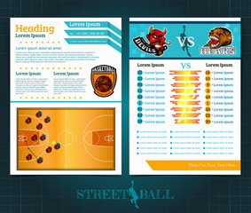 Wall Mural - Two sided basketball brochure or flyer, template design with two team players and statistic. Mock-up cover vector sport style