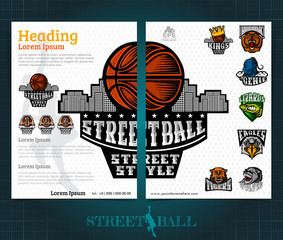 Two sided basketball brochure or flyer, street ball template design with team logos of championship. Mock-up cover vector sport style