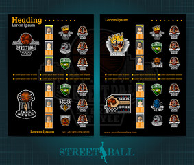 Two sided basketball brochure or flyer, street ball competition template design with logos teams and winners . Mock-up cover vector sport style