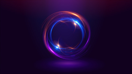 Wall Mural - Abstract neon background. luminous swirling. Glowing spiral cover. Black elegant. Halo around. Power isolated. Sparks particle. Space tunnel. Shimmer color ellipse. Glint glitter