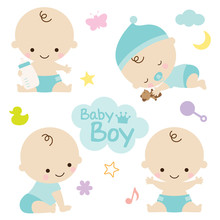 Vector Illustration Of Baby Boy With Cute Graphic Elements. Perfect For Baby Shower.
