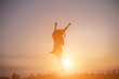 A cheerful woman jumps at the sun.
