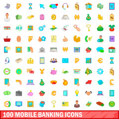 Wall Mural - 100 mobile banking icons set, cartoon style