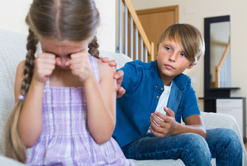 Wall Mural - Teenage boy and  little girl quarrelling at home