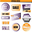 © topfriday - Set of sale, buy now, new, half price banner in yellow and purple gradient style.