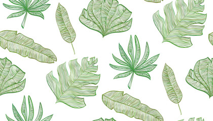 Tropical stylized leaves with handdrawn wavy texture seamless pattern