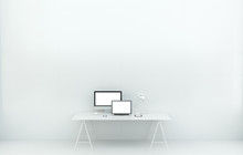 Modern White Desk Office Interior With Computer And Devices 3D Rendering