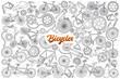 Hand drawn bicycles shop doodle set background with orange lettering in vector