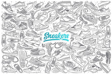 Hand Drawn Sneakers Doodle Set Background With Blue Lettering In Vector
