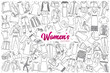 © drawlab19 - Hand drawn women's clothing doodle set background with purple lettering in vector