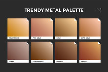 Gold, Copper And Bronze Gradient Template. Collection Palette Of Colorful Metallic Gradient Illustrations For Backgrounds And Textures. Realistic Metallic Squares Palettes. Vector Illustration