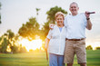portrait of happy senior couple playing golf enjoying retirement