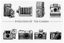 Evolution Of The Photo, Video, Film, Movie Camera From First Till Now Vintage, Engraved Hand Drawn In Sketch Or Wood Cut Style, Old Looking Retro Lens, Isolated Vector Realistic Illustration