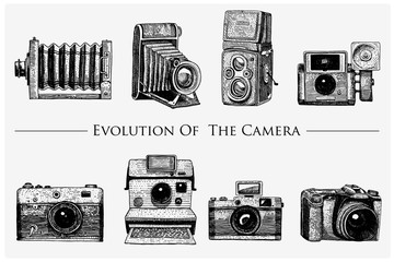 evolution of the photo, video, film, movie camera from first till now vintage, engraved hand drawn in sketch or wood cut style, old looking retro lens, isolated vector realistic illustration