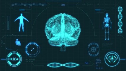 Human brain scan. Futuristic medical user interface with HUD and infographic elements. Virtual technology background. Head-up display template for business, games, motion design, web and app.