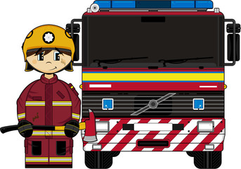 Canvas Print - Cute Cartoon Fireman and Fire Engine