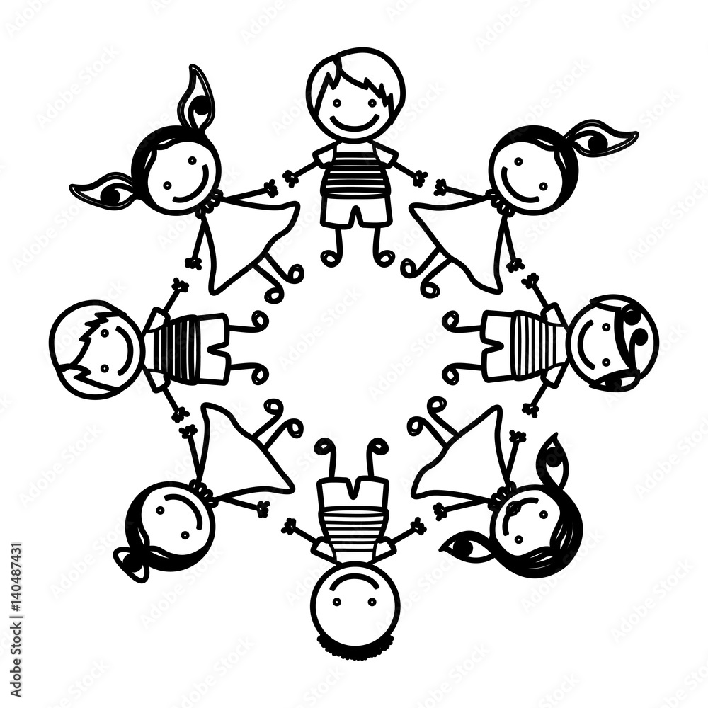 silhouette group cartoon children holding hands vector illustration ...