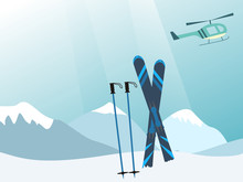 Mountains, Helicopter And Ski Equipment In The Snow. Vector