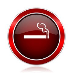 Poster - Cigarette red round glossy metallic web and smartphone vector icon isolated on white background.    

