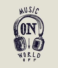 music on world off classic headphones grunge print 