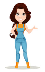 Poster - Farmer girl dressed in work jumpsuit. Cute cartoon character showing showcase sign. Can be used for animation, as design element and in any farm related project. Dismantled over the layers. Vector