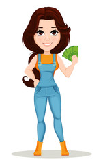 Sticker - Farmer girl dressed in work jumpsuit. Cute cartoon character holding money. Can be used for animation, as design element and in any farm related project. Dismantled over the layers. Vector