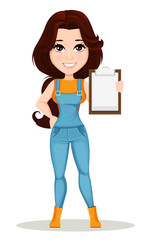 Canvas Print - Farmer girl dressed in work jumpsuit. Cute cartoon character holding clipboard. Can be used for animation, as design element and in any farm related project. Dismantled over the layers. Vector