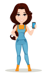 Wall Mural - Farmer girl dressed in work jumpsuit. Cute cartoon character holding smartphone. Can be used for animation, as design element and in any farm related project. Dismantled over the layers. Vector