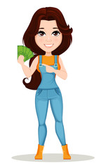 Sticker - Farmer girl dressed in work jumpsuit. Cute cartoon character showing money in her hand. Can be used for animation, as design element and in any farm related project. Dismantled over the layers. Vector