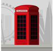  Traditional London red telephone cabin. Skyline in the background.