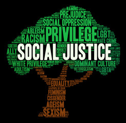 Social Justice Word Cloud on a black background. 