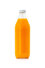Glass Bottle Packaging Of Fresh Cold Orange Juice Isolated On White Background