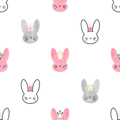 Wall Mural - Seamless little princess bunny pattern. Vector background with cute rabbits for girls design.