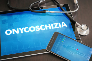 Onycoschizia (cutaneous disease) diagnosis medical concept on tablet screen with stethoscope