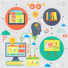 Poster - SEO and development concept design infographics template icons in circles design, seo optimization web elements, poster banner vector illustration.