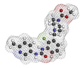 Sticker - Omecamtiv mecarbil heart failure drug molecule. 3D rendering. Atoms are represented as spheres with conventional color coding.