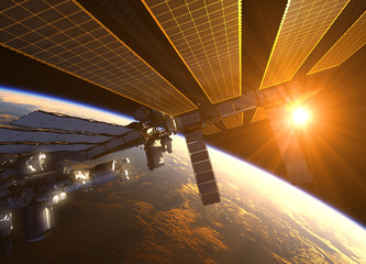 Wall Mural - international space station in the rays of red sun