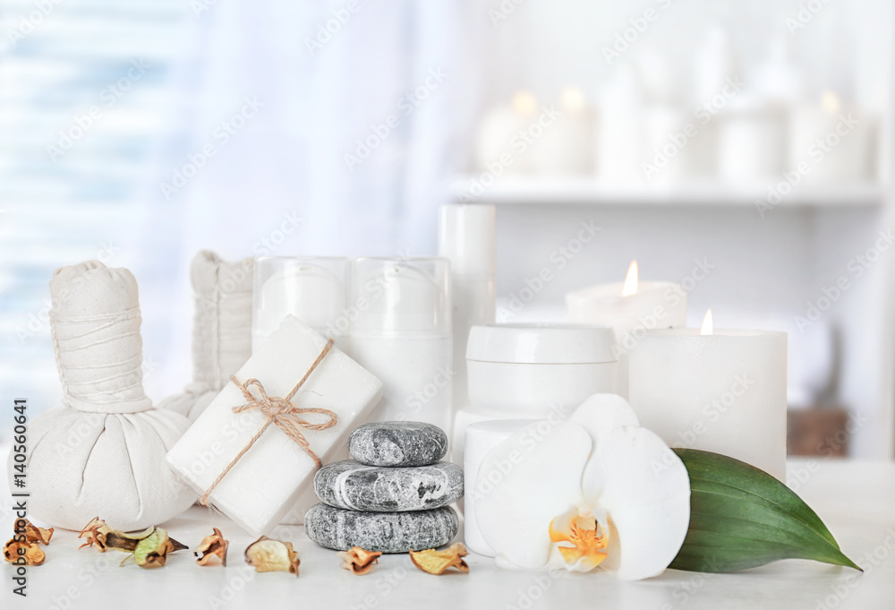 Spa composition with natural cosmetics on table