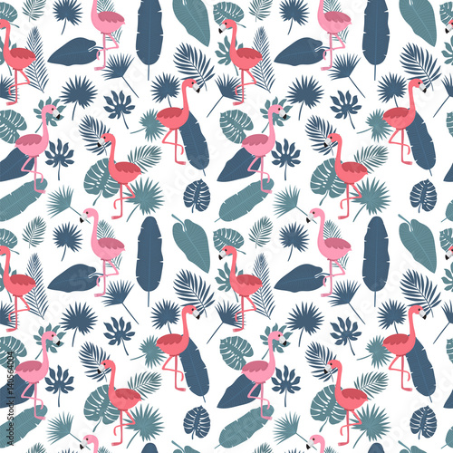 Cotton fabric Tropical seamless pattern with pink flamingos and palm leaves. Stylish background