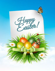 Fototapete - Spring Easter background. Easter eggs in grass with flowers. Vector.