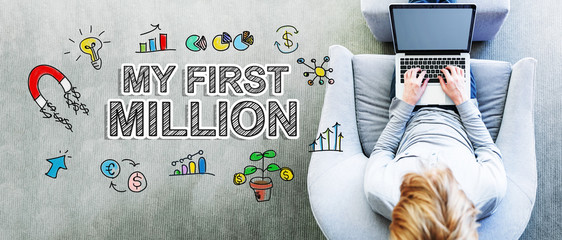 Wall Mural - my first million text with man using a laptop