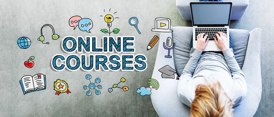Wall Mural - online courses text with man using a laptop